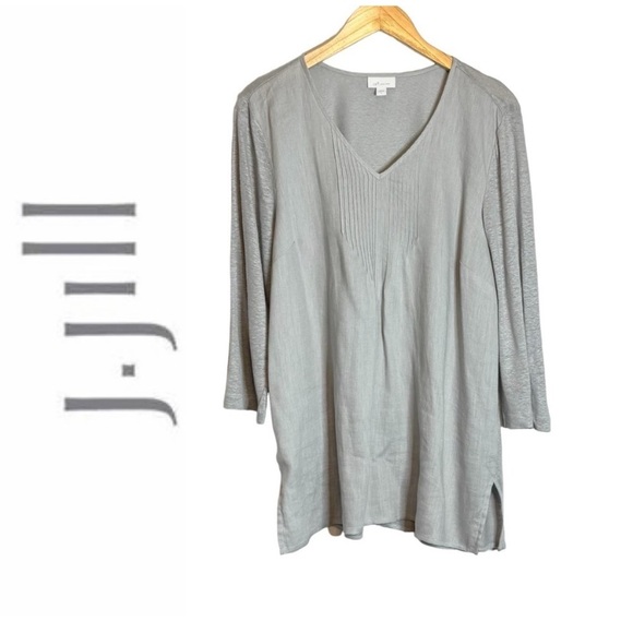 J. Jill Tops - J Jill Love Linen Pullover V Neck Side Slits 3/4 Sleeve Pintuck Gray Size Large